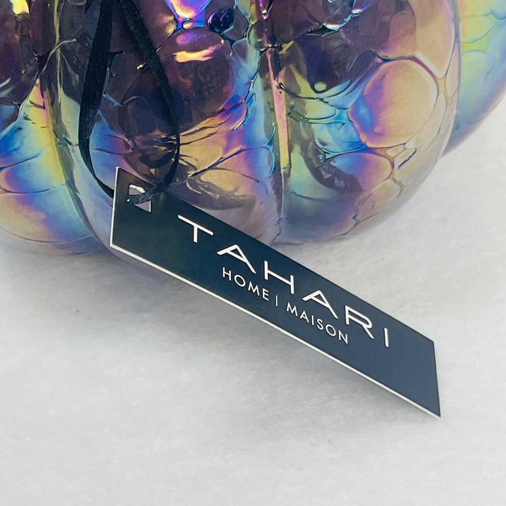 Tahari Home Iridescent Glass Pumpkin Oil Slick Rainbow Bubble Decor 7.5 Inch NEW - Picture 6 of 16